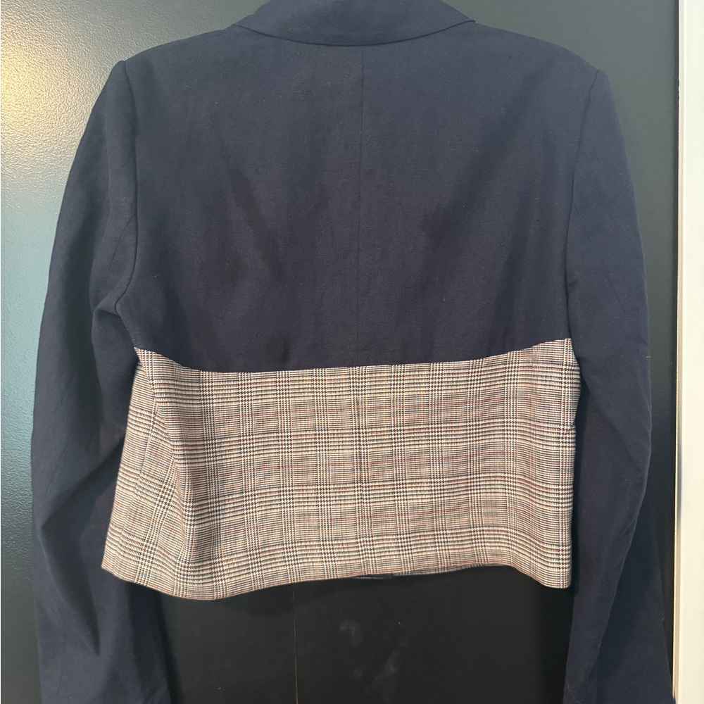 Jason Wu Navy Linen & Plaid Mixed Media Double Breasted Cropped Blazer M - Picture 8 of 8